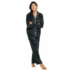 Women's Sonoma Goods For Life® Velour Long Sleeve Pajama Shirt & Pajama Pants Sleep Set -Sonoma Clothing Store 5033010 Black Stars