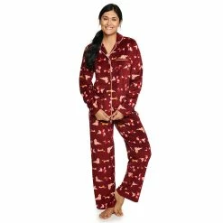 Women's Sonoma Goods For Life® Velour Long Sleeve Pajama Shirt & Pajama Pants Sleep Set -Sonoma Clothing Store 5033010 Red Dogs