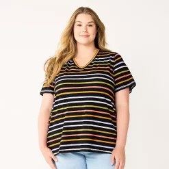 Plus Size Sonoma Goods For Life® Everyday V-Neck Tee -Sonoma Clothing Store 5232145 Black Multi Stripe