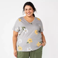 Plus Size Sonoma Goods For Life® Everyday V-Neck Tee -Sonoma Clothing Store 5232145 Large Gray Floral