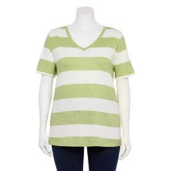 Plus Size Sonoma Goods For Life® Everyday V-Neck Tee -Sonoma Clothing Store 5232145 Lime Rugby Stripe