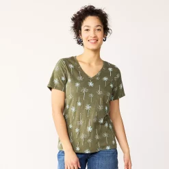 Petite Sonoma Goods For Life® Everyday Short Sleeve V-Neck Tee -Sonoma Clothing Store 5234230 Olive Teal Palm Trees
