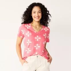 Petite Sonoma Goods For Life® Everyday Short Sleeve V-Neck Tee -Sonoma Clothing Store 5234230 Pink Geo Flower
