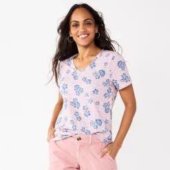 Petite Sonoma Goods For Life® Everyday Short Sleeve V-Neck Tee -Sonoma Clothing Store 5234230 Wavy Pink Floral