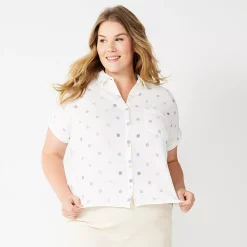 Plus Size Sonoma Goods For Life® Short Sleeve Button Down Top -Sonoma Clothing Store 5258112 Cream Sun Print