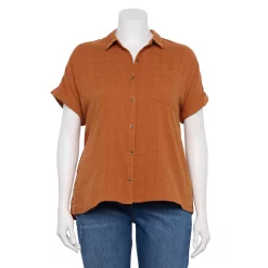 Plus Size Sonoma Goods For Life® Short Sleeve Button Down Top -Sonoma Clothing Store 5258112 Rust
