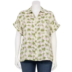 Plus Size Sonoma Goods For Life® Short Sleeve Button Down Top -Sonoma Clothing Store 5258112 Sage Triangle Dye