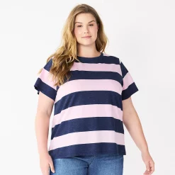 Plus Size Sonoma Goods For Life® Everyday Crewneck Tee -Sonoma Clothing Store 5259072 Purp Navy Rugby Stripe