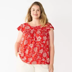 Plus Size Sonoma Goods For Life® Short Sleeve Yoke Front Top -Sonoma Clothing Store 5511621 Red Floral