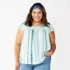 Plus Size Sonoma Goods For Life® Short Sleeve Yoke Front Top -Sonoma Clothing Store 5511621 Teal Trangle Stripe