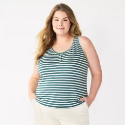 Plus Size Sonoma Goods For Life® Striped Henley Tank -Sonoma Clothing Store 5528667 Green Cream Stripe