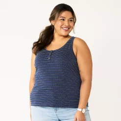 Plus Size Sonoma Goods For Life® Striped Henley Tank -Sonoma Clothing Store 5528667 Navy Blue Stripe