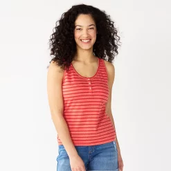 Women's Sonoma Goods For Life® Striped Henley Tank Top -Sonoma Clothing Store 5529186 Red Coral Stripe