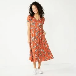 Women's Sonoma Goods For Life® Button Front Tiered Midi Dress -Sonoma Clothing Store 5579211 Rust Floral
