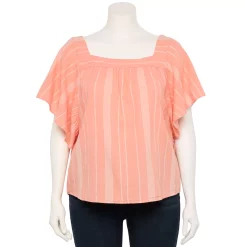Plus Size Sonoma Goods For Life® Flutter Shoulder Top -Sonoma Clothing Store 5581181 Coral Cream Stripe