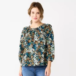 Women's Sonoma Goods For Life® Ruffle Shoulder Peasant Top -Sonoma Clothing Store 5584039 Blue Black Floral