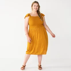 Plus Size Sonoma Goods For Life® Smocked Bodice Midi Dress -Sonoma Clothing Store 5584078 Gold