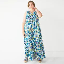 Plus Size Sonoma Goods For Life® Tiered Maxi Dress -Sonoma Clothing Store 5584786 Blue Floral