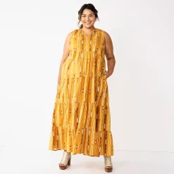 Plus Size Sonoma Goods For Life® Tiered Maxi Dress -Sonoma Clothing Store 5584786 Gold Ikat Stripe
