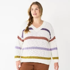 Plus Size Sonoma Goods For Life® Long Sleeve V-Neck Sweater -Sonoma Clothing Store 5585496 Beige Stripe