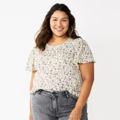 Plus Size Sonoma Goods For Life Seamed Flutter Sleeve Top -Sonoma Clothing Store 5588211 Cream Black Floral