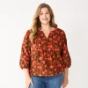 Plus Size Sonoma Goods For Life® Notchneck Long Sleeve Top -Sonoma Clothing Store 5661416 Brown Coral Floral