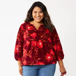 Plus Size Sonoma Goods For Life® Notchneck Long Sleeve Top -Sonoma Clothing Store 5661416 Large Red Floral