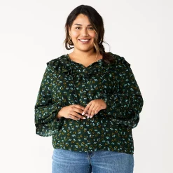 Plus Size Sonoma Goods For Life® Ruffle Peasant Top -Sonoma Clothing Store 5662063 Dark Green Mini Floral