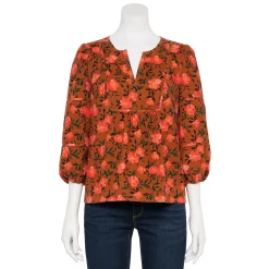 Petite Sonoma Goods For Life® Notchneck Sleeve Piecing Top -Sonoma Clothing Store 5664273 Brown Coral Floral