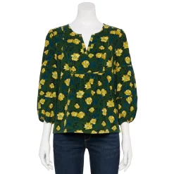 Petite Sonoma Goods For Life® Notchneck Sleeve Piecing Top -Sonoma Clothing Store 5664273 Green Yellow Floral