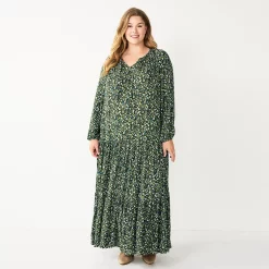 Plus Size Sonoma Goods For Life® Tiered Long Sleeve Maxi Dress -Sonoma Clothing Store 5664433 Olive Multi Floral