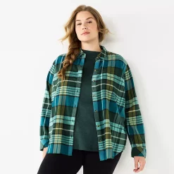 Plus Size Sonoma Goods For Life® Everyday Flannel Shirt -Sonoma Clothing Store 5664645 Dark Green Blue Plaid
