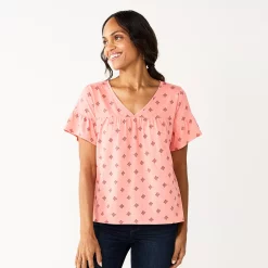 Women's Sonoma Goods For Life® Ruffled Babydoll Top -Sonoma Clothing Store 5665750 Coral Mauve Geo