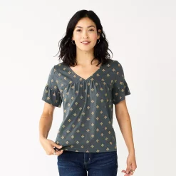 Women's Sonoma Goods For Life® Ruffled Babydoll Top -Sonoma Clothing Store 5665750 Gray Gold Geo