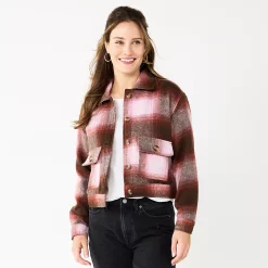 Women's Sonoma Goods For Life® Cropped Shacket -Sonoma Clothing Store 5670441 Brown Purple Plaid