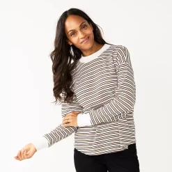 Women's Sonoma Goods For Life® Mockneck Waffle Top -Sonoma Clothing Store 5672315 Ivory Brown Stripe