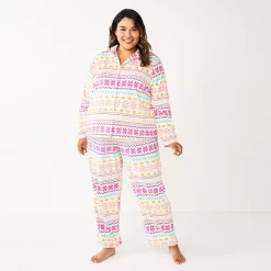 Plus Size Sonoma Goods For Life® Velour Pajama Shirt & Pajama Pants Sleep Set -Sonoma Clothing Store 5675146 Ivory Fun Fisle