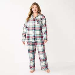 Plus Size Sonoma Goods For Life® Flannel Pajama Shirt & Pajama Pants Sleep Set -Sonoma Clothing Store 5677717 Ivory Festive Plaid