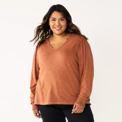 Plus Size Sonoma Goods For Life® Smocked Sleeve V-Neck Top -Sonoma Clothing Store 5689960 Orange