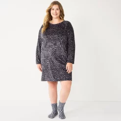 Plus Size Sonoma Goods For Life® 2-pc. Long Sleeve Crewneck Sleepshirt & Socks Set -Sonoma Clothing Store 5690616 Black Leopard