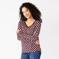 Petite Sonoma Goods For Life® Everyday Long Sleeve V-Neck Top -Sonoma Clothing Store 5705363 Berry Checkerboard