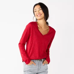 Petite Sonoma Goods For Life® Everyday Long Sleeve V-Neck Top -Sonoma Clothing Store 5705363 Shine Red