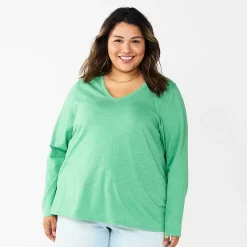 Plus Size Sonoma Goods For Life® Favorite Long Sleeve V-Neck Tee -Sonoma Clothing Store 5705505 Aloe Green