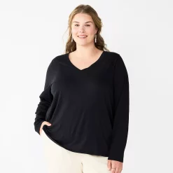Plus Size Sonoma Goods For Life® Favorite Long Sleeve V-Neck Tee -Sonoma Clothing Store 5705505 Black