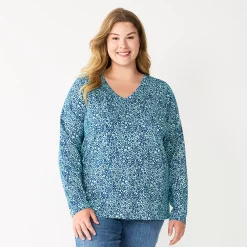 Plus Size Sonoma Goods For Life® Favorite Long Sleeve V-Neck Tee -Sonoma Clothing Store 5705505 Blue Floral