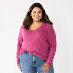 Plus Size Sonoma Goods For Life® Favorite Long Sleeve V-Neck Tee -Sonoma Clothing Store 5705505 Dark Pink