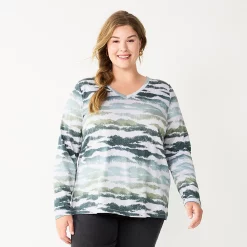 Plus Size Sonoma Goods For Life® Favorite Long Sleeve V-Neck Tee -Sonoma Clothing Store 5705505 Gray Animal Print