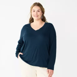 Plus Size Sonoma Goods For Life® Favorite Long Sleeve V-Neck Tee -Sonoma Clothing Store 5705505 Navy