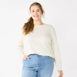 Plus Size Sonoma Goods For Life® Everyday Crewneck Long Sleeve Top -Sonoma Clothing Store 5714078 Beige Check