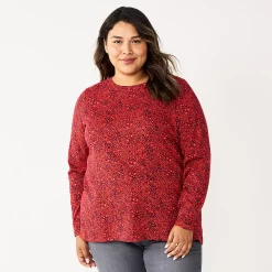 Plus Size Sonoma Goods For Life® Everyday Crewneck Long Sleeve Top -Sonoma Clothing Store 5714078 Red Floral